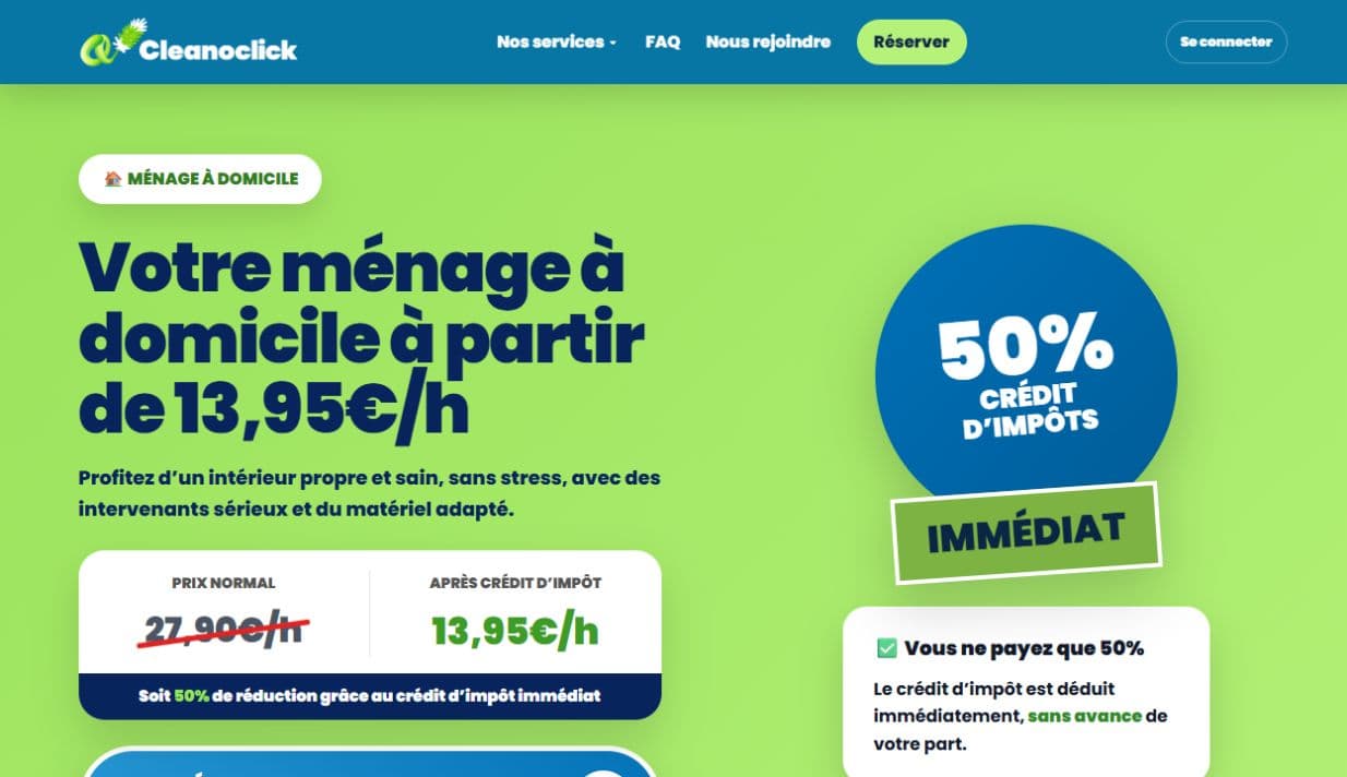 Capture du site réel Cleanoclick : présentation du service de ménage à domicile