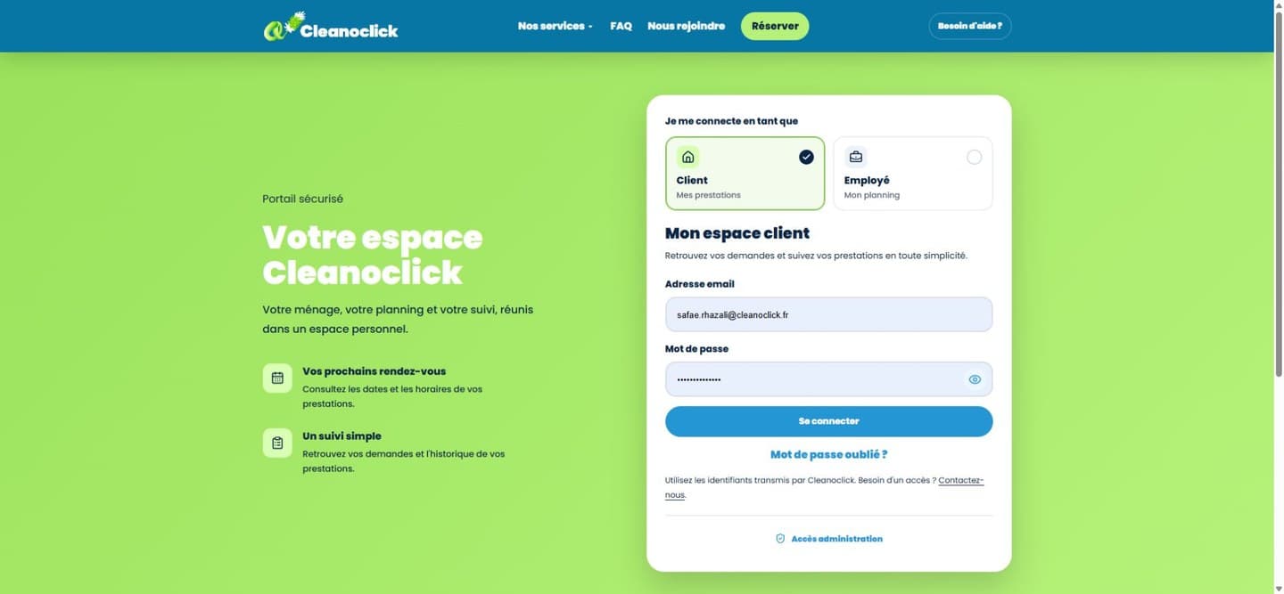 Écran public de connexion au portail Cleanoclick avec les accès client et employé