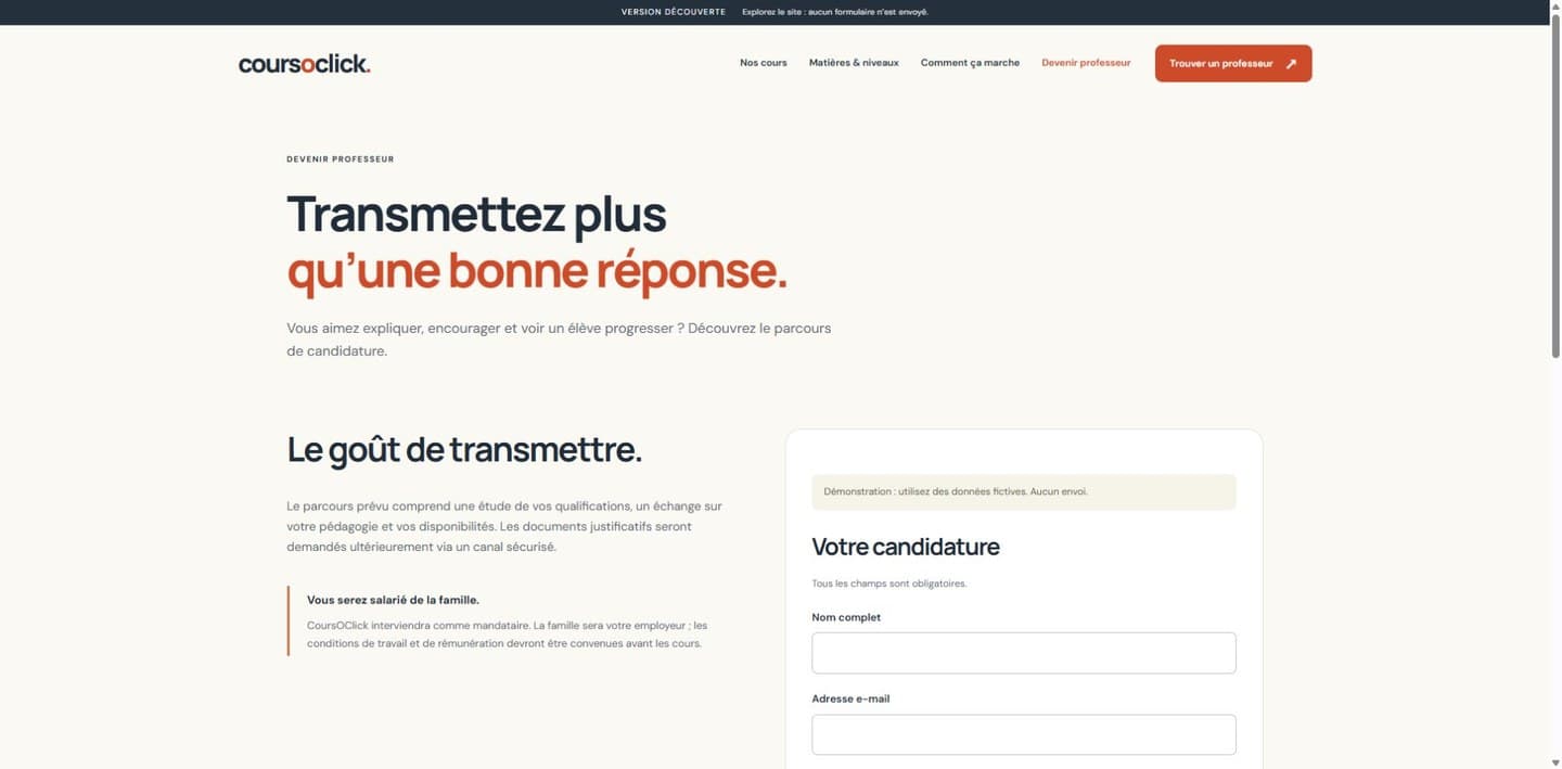Page publique du parcours pour devenir professeur sur CoursOClick